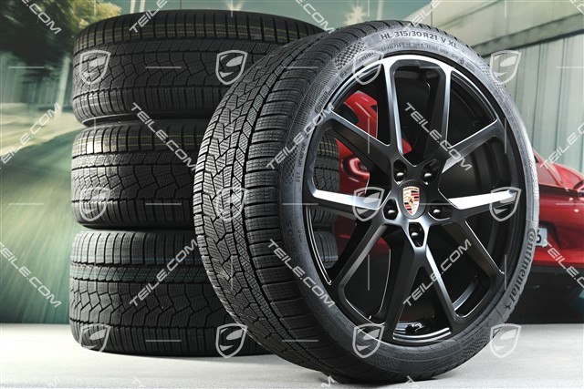 21" Panamera SportDesign Winterräder Satz, Felgen 9,5J x 21 ET71 + 10,5J x 21 ET71 + NEUE Continental Winterreifen 275/35 R21 + 315/30 R21, Schwarz Seidenmatt