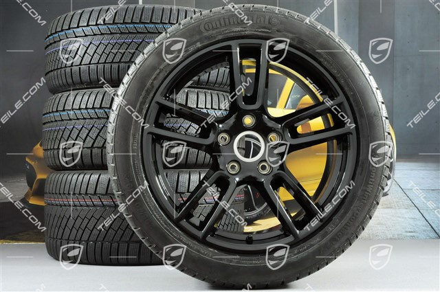 19" Winterräder Satz "Panamera", Felgen 9J x 19 ET64 + 10,5 J x 19 ET62 + Continental ContiWinterContact PS830 P Winterreifen 265/45 R19 + 295/40 R19, in Schwarz Hochglanz