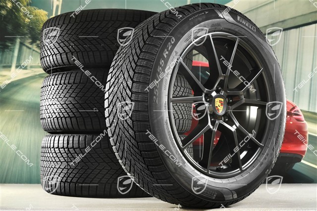 20" koła zimowe Cayenne S, komplet, felgi 9J x 20 ET50 + 10,5J x 20 ET55 + NOWE opony zimowe Pirelli 255/55 R20 + 295/45 R20, z czujnikami ciśnienia, czarny satynowy półmat