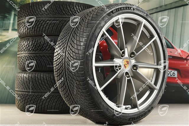20/21-inch Carrera S winter wheel set, wheel rims 8,5J x 20 ET53 + 11J x 21 ET66 + NEW Michelin winter tyres 245/35 R20 + 295/30 R21, in Platinum satin-mat