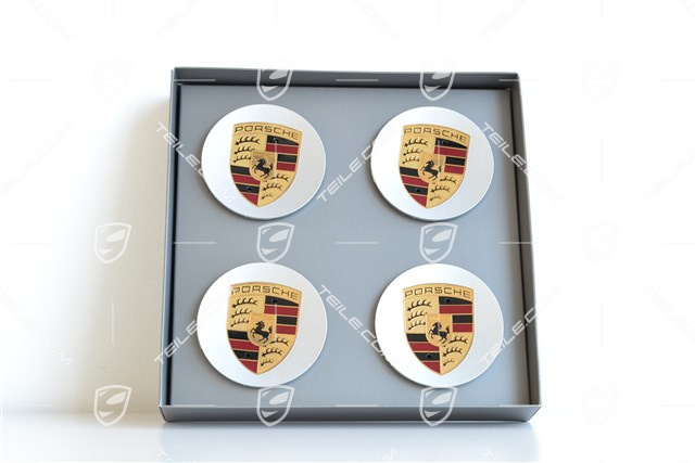 Radzierdeckel Satz (4 Stück), mit farbigem Porsche Wappen, für 19" Carrera Räder