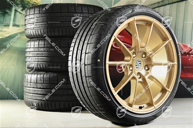 20-inch 718 Sport / Spyder  summer wheels set, rims 8,5J x 20 ET57 + 10,5J x 20 ET47 + NEW Pirelli summer tires 235/35 ZR20 + 265/35 ZR20, with TPMS, aurum satin matt