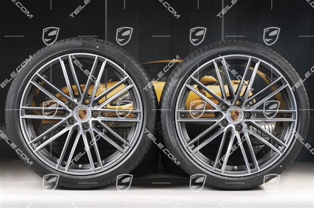 22-inch summer wheel set 911 Turbo IV Design, rims 10J x 22 ET48 + 11,5J x 22 ET61 + Pirelli summer tyres 285/35 ZR22 + 315/30 ZR22, with TPM