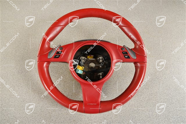 Multifunction steering wheel, Smooth Leather, Carrera Red / Sport Chrono Paket Plus