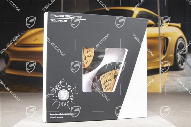 Radzierdeckel Satz, konkav, Wappen farbig, für 20-/21-Zoll Exclusive Design und Carrera S Felgen, schwarz hochglanz
