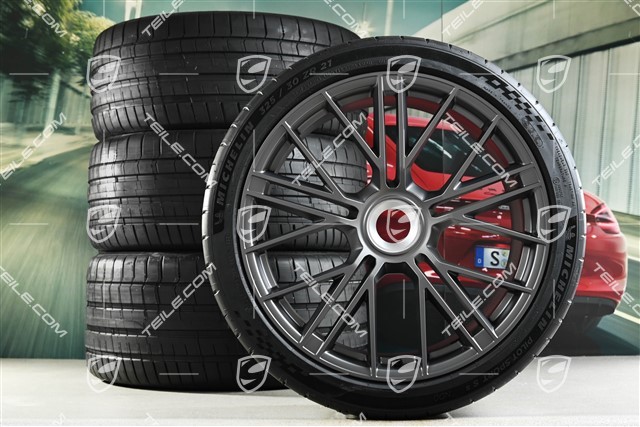 21-inch Panamera Turbo S Summer wheel set, with central locking, rims 9,5J x 21 ET71 + 11,5J x 21 ET69 + Michelin Pilot Sport S5 summer tyres 275/35 R21 + 325/30 R21, dark silver