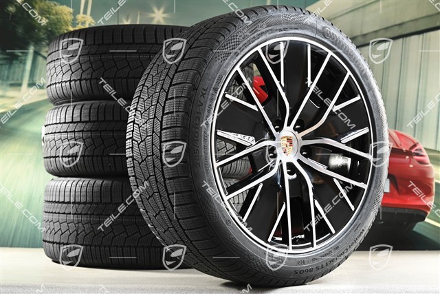 21" Macan Design Winterräder Satz, Felgen 8,5J x 21 ET27 + 10,5J x 21 ET47 + NEUE Continental Winterreifen 255/45 R21 + 285/40 R21, in Schwarz Hochglanz