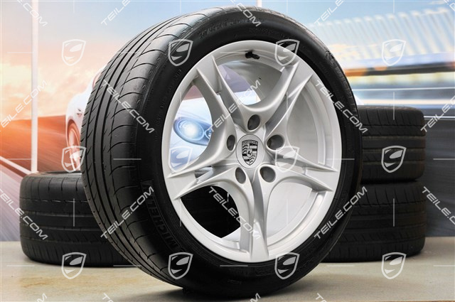 18-inch summer wheels set Cayman S II, rims 8J x 18 ET57 + 9J x 18 ET43 + NEW summer tyres 235/40 R18 + 265/40 R18, without TPM