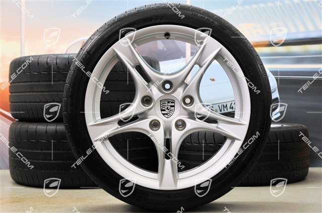 18-inch summer wheels set Cayman S II, rims 8J x 18 ET57 + 9J x 18 ET43 + NEW summer tyres 235/40 R18 + 265/40 R18, without TPM