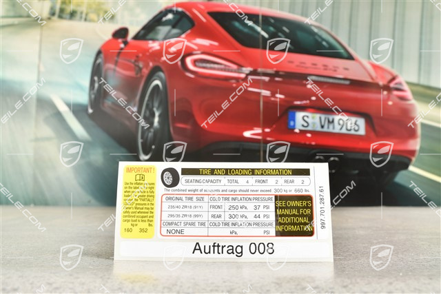 Tire and loading information / notice sticker, Carrera 4 USA