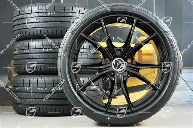20" Carrera S summer wheels set, rims 8J x 20 ET57 + 10J x 20 ET45 + NEW Pirelli summer tires 235/35 ZR20 + 265/35 ZR20, black (high gloss), with TPMS