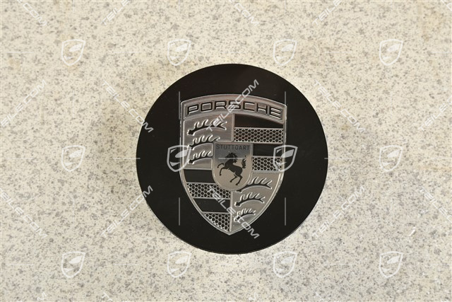 Hub cap, concave, emblem in Rhodium, black satin matt