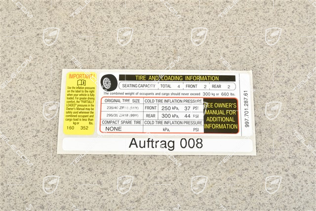 Tire and loading information / notice sticker, Carrera 4 USA