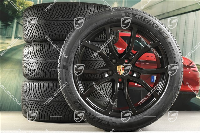 21" Cayenne Exclusive Design Winterräder Satz, Felgen 9,5J x 21 ET46 + 11,0J x 21 ET58 + NEUE Michelin Winterreifen 285/45 R21 + 305/40 R21, mit RDK-Sensoren, Schwarz-Seidenmatt