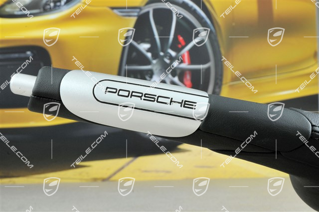 Handbremshebel, Aluminium / Leder, mit PORSCHE Schriftzug, metropolblau