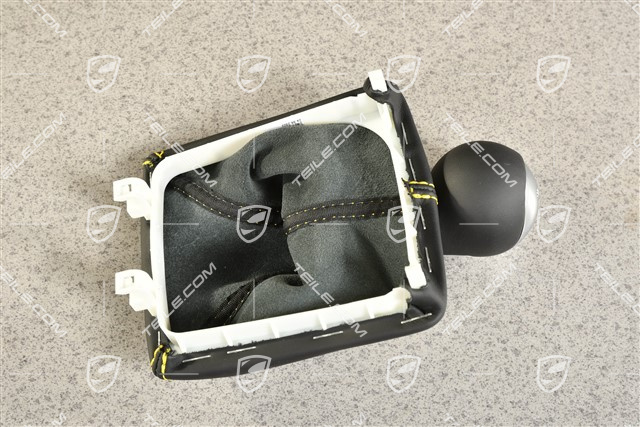 GT4, Shift lever / gear shift knob with Leather gaiter / sleeve and Yellow thread, 6-speed manual transmission
