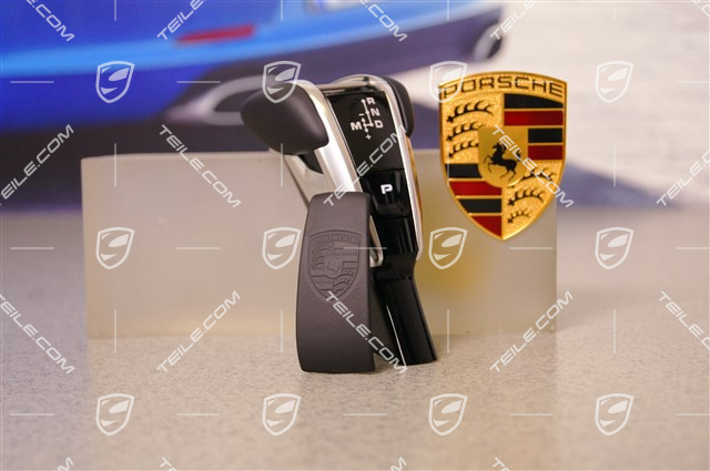 Exclusive Design Wählhebel, mit geprägtem Porsche Wappen, Glattleder, schwarz