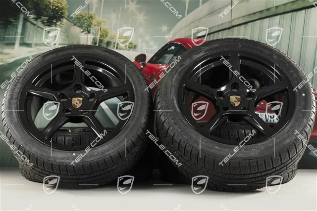 18" Boxster winter wheels set, rims 8J x 18 ET57 + 9,5J x 18 ET49 + NEW Pirelli Sottozero II winter tires 235/45 R18 + 265/45 R18, black high gloss