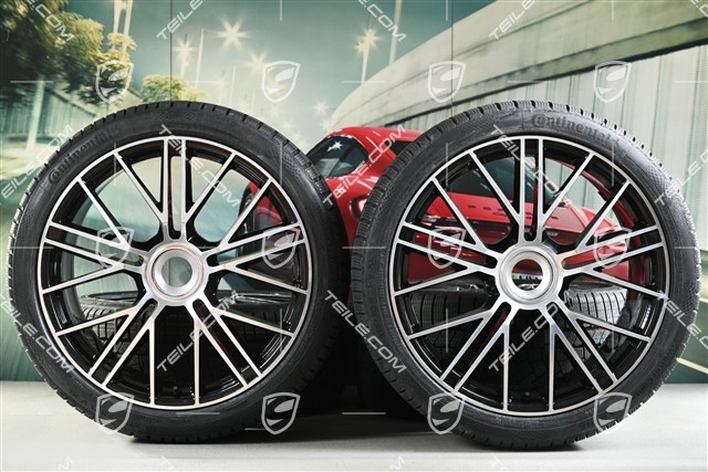 21" Panamera Turbo S Koła zimowe, komplet, centralne mocowanie, felgi 9,5J x 21 ET71 + 10,5J x 21 ET71 + NOWE opony zimowe Continental Winter Contact TS860 S 275/35 R21 + 315/30 R21, czarny wysoki połysk