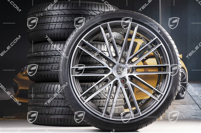 22-inch summer wheel set 911 Turbo IV Design, rims 10J x 22 ET48 + 11,5J x 22 ET61 + Pirelli summer tyres 285/35 ZR22 + 315/30 ZR22, with TPM