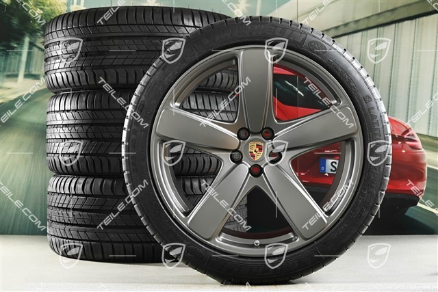 21" Sport Classic summer wheel set, wheel rims 9,5J x 21 ET27 + 10J x 21 ET19 + NEW Michelin summer tyres 265/40 R21 + 295/35 R21, with TPMS, Platinum satin matt