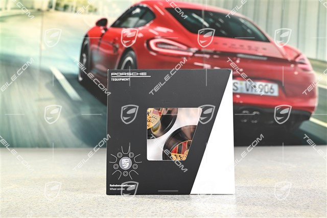 Radzierdeckel Satz (4 Stück), Schwarz seidenglanz mit farbigem Porsche Wappen
