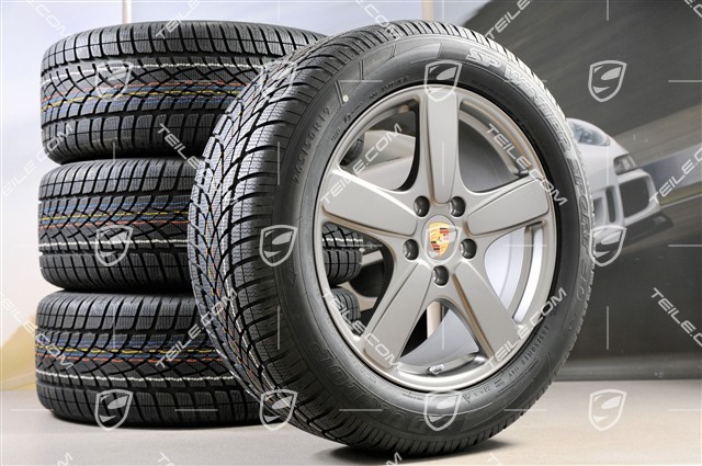 19" Winterräder Satz Cayenne Sport Classic, Felgen 8,5J x 19 ET59 + NEUE Dunlop Winterreifen 265/50 R19, in Platinum (seidenglanz) mit RDK-Sensoren