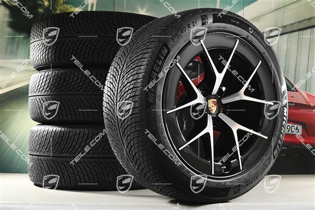 21" Cayenne RS Spyder Design Winterräder Satz, Felgen 9,5J x 21 ET16 + 11J x 21 ET37 + Michelin Pilot Alpin 5 Winterreifen 275/45 R21 + 315/40 R21, schwarz hochglanz