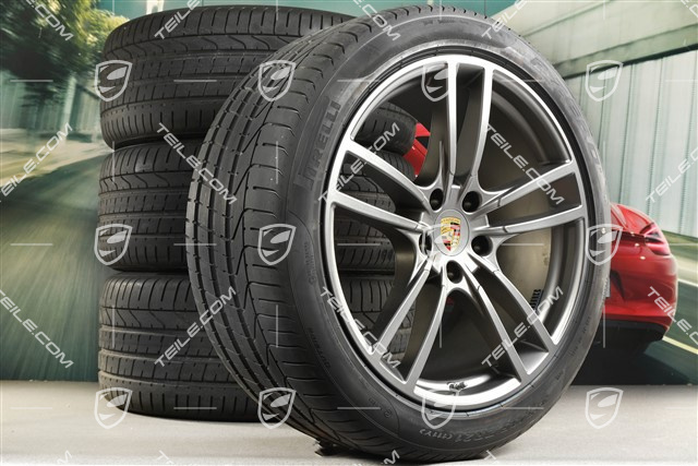 21-inch Cayenne Turbo Design summer wheel set, rims 9,5J x 21 ET46 + 11,0J x 21 ET58 + Pirelli P Zero summer tyres 285/40 R21 + 315/35 R21, with TPMS, Platinum satin mat
