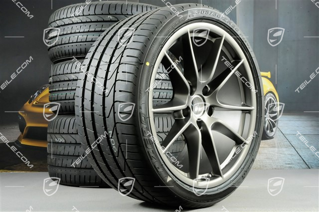20-inch Carrera S III summer wheel set, 8,5J x 20 ET51 + 11J x 20 ET52 + Pirelli summer tyres 245/35 ZR20 + 305/30 ZR20, with TPMS, Platinum satin matt