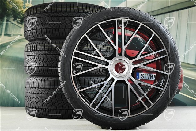 21" Panamera Turbo S Koła zimowe, komplet, centralne mocowanie, felgi 9,5J x 21 ET71 + 10,5J x 21 ET71 + NOWE opony zimowe Continental Winter Contact TS860 S 275/35 R21 + 315/30 R21, czarny wysoki połysk
