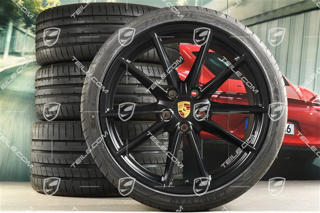 20+21-inch summer wheel set Carrera S, rims 8,5J x 20 ET53 + 11,5J x 21 ET67 + summer tyres 245/35 R20 + 305/30 R21, with TPM, black satin matt, DOT 2019