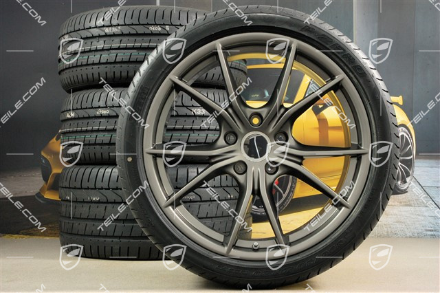 20-inch Carrera S (IV) summer wheels set, rims 8,5 J x 20 ET49 + 11,5 J x 20 ET76 + Pirelli summer tires 245/35 R20 + 305/30 R20, in Platinum, with TPM