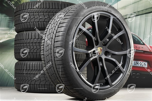 21-inch Cayenne Exclusive Design winter wheel set, rims 9,5J x 21 ET46 + 11,0J x 21 ET58 + NEW Continental winter tyres 275/40 R21 + 305/35 R21, with TPMS, black satin-mat