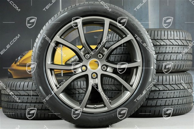 21-inch Cayenne COUPE Exclusive Design summer wheel set, rims 9,5J x 21 ET46 + 11,0J x 21 ET49 + NEW Pirelli summer tyres 285/40 R21 + 315/35 R21, Platinum satin matt, with TPMS