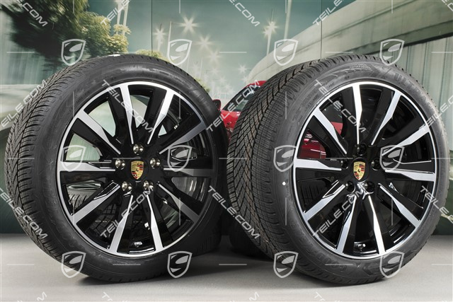 20-inch Taycan Tequipment Design winter wheel set, rims 9J x 20 ET54 + 11J x 20 ET60, Goodyear winter tyres 245/45 R20 + 285/40 R20, black high gloss