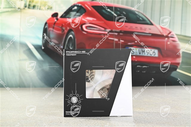 Radzierdeckel, konkav, Rotations-Schliff / glanzgedreht, Porsche Wappen in Turbonit, 4er-Set