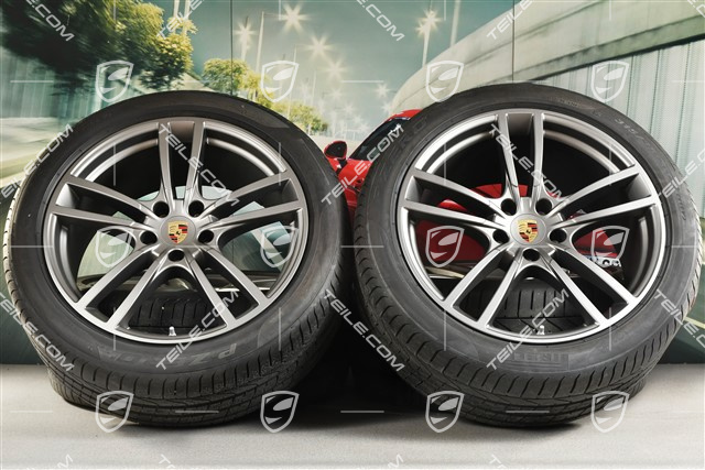 21-inch Cayenne Turbo Design summer wheel set, rims 9,5J x 21 ET46 + 11,0J x 21 ET58 + Pirelli P Zero summer tyres 285/40 R21 + 315/35 R21, with TPMS, Platinum satin mat