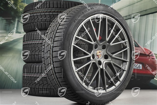 21-inch Cayenne COUPÉ RS Spyder winter wheel set, rims 9,5J x 21 ET46 + 11,0J x 21 ET49 + NEW Continental winter tyres275/40 R21 + 305/35 R21, with TPMS, Platinum satin matt