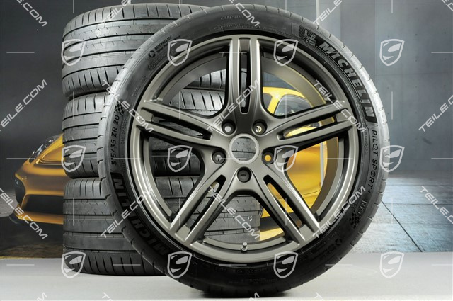 20" Koła letnie Panamera Turbo, felgi 9,5J x 20 ET71 + 11,5J x 20 ET68 + opony letnie Michelin 275/40 ZR20 + 315/35 ZR20, z czujnikami ciśnienia, Platinum półmat satyna