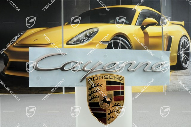 "Cayenne" logo, chrome "Cayenne" logo, chrome