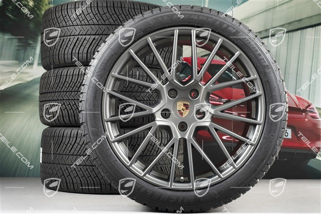 21-inch Cayenne RS Spyder winter wheel set, rims 9,5J x 21 ET46 + 11,0J x 21 ET58 + NEW Michelin winter tyres 275/40 R21 + 305/35 R21, with TPMS, Platinum satin matt