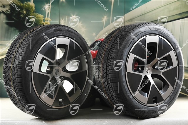 21" koła zimowe Cayenne Turbo Aero, komplet, felgi 9,5J x 21 ET16 + 11J x 21 ET37 + NOWE opony zimowe Goodyear Ultragrip Performance 3 SUV 275/45 R21 + 315/40 R21, czarny satynowy półmat + turbonite