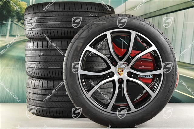 21-inch Cayenne Coupe Exclusive Design summer wheel set, rims 9,5J x 21 ET46 + 11,0J x 21 ET49 + Pirelli P Zero summer tyres 285/45 R21 + 315/40 R21, with TPMS, Jet Black Metallic