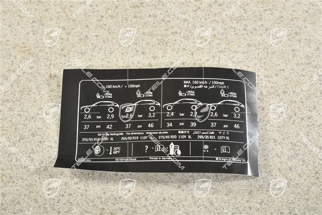 Identification / notice sticker for tire pressure and loading V6 / V8 / Hybrid / Diesel