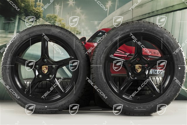 18" Boxster winter wheels set, rims 8J x 18 ET57 + 9,5J x 18 ET49 + NEW Pirelli Sottozero II winter tires 235/45 R18 + 265/45 R18, black high gloss