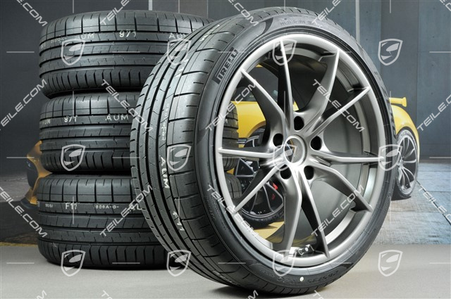 20" Carrera S summer wheels set, rims 8J x 20 ET57 + 10J x 20 ET45 + NEW Pirelli summer tires 235/35 ZR20 + 265/35 ZR20, Platinum satin matt, with TPMS