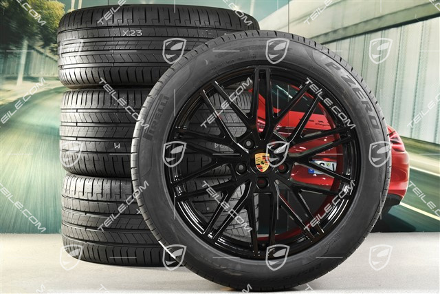 21-inch Cayenne RS Spyder Design summer wheel set, rims 9,5J x 21 ET46 + 11,0J x 21 ET58 + Pirelli P Zero summer tyres 285/45 R21 + 315/40 R21, with TPMS, black high gloss