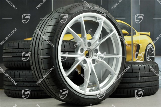20" Carrera S summer wheel set, rims 8J x 20 ET57 + 10J x 20 ET45 + NEW Pirelli summer tires 235/35 ZR20 + 265/35 ZR20, silver, with TPMS