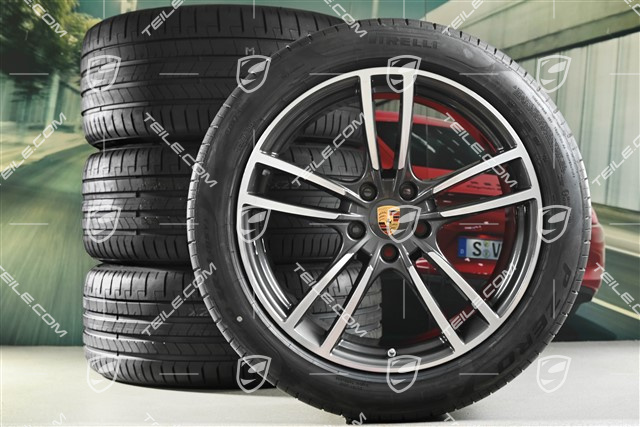 21-inch Cayenne Turbo summer wheel set, rims 9,5J x 21 ET46 + 11,0J x 21 ET58 + NEW Pirelli P Zero summer tyres 285/40 R21 + 315/35 R21, with TPMS, polished / in titanium dark